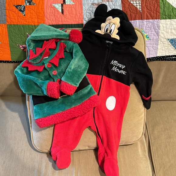 Infant Mickey Mouse onesie Sz 0/3 mos + Santa tunic and hat Sz 3-6 mos - Picture 1 of 8